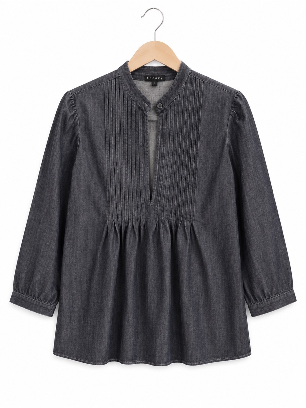 Theory Charcoal Chambray Pintuck Blouse 100% Cotton Size Small